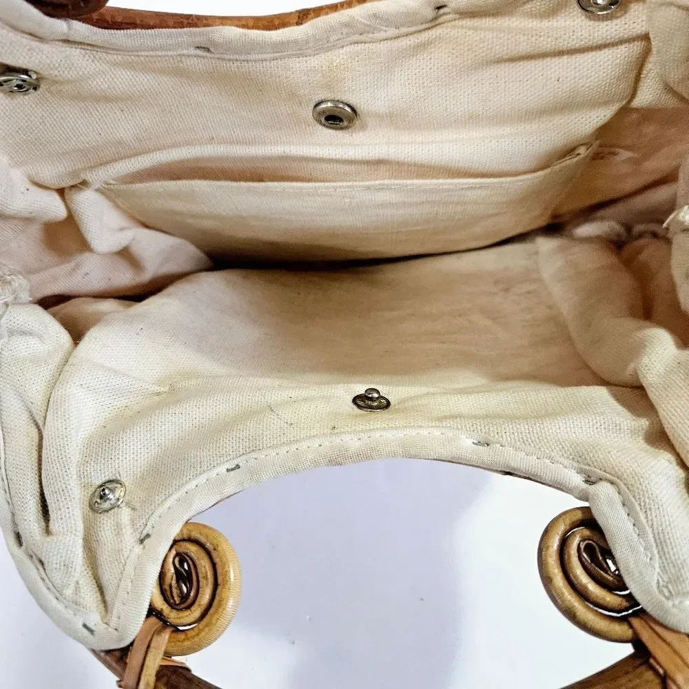 Vintage Hand Made '60s Cream Crochet Knit Boho Bamboo Handles Handbag Purse Bag